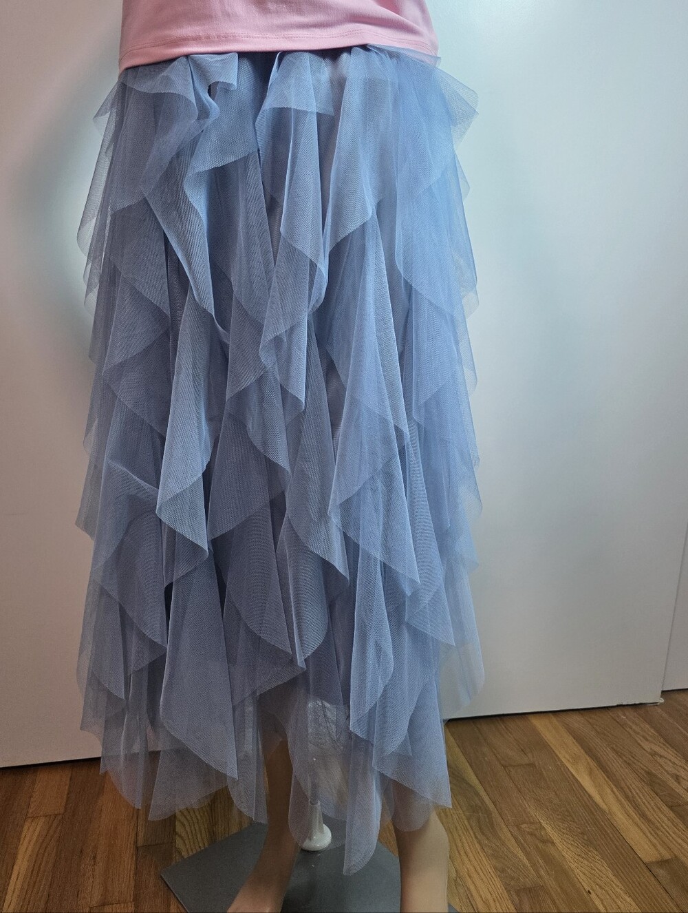 ​Dusty Blue Tiered Tulle Layered Mesh Ruffle Maxi Skirt - Size L